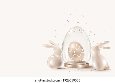 Golden Easter Background Vector 3D Rendering With Bunnies And Egg