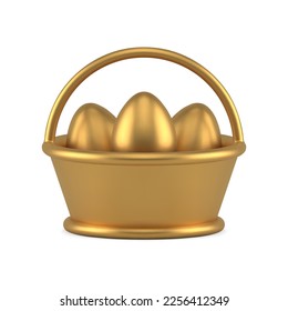 Golden Easter basket full of painted chicken eggs Christianity religious holiday greeting element 3d icon realistic vector illustration. Traditional festive metallic bucket for decorative eggshell