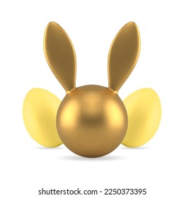 Golden Easter bunny head with long ears yellow painted eggs religious holiday celebration 3d icon realistic vector illustration. Hare rabbit animal character minimal festive traditional decor element