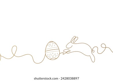 Golden easter bunny with a painted egg. Festive one line illustration. One line drawing on Easter theme. For different uses. Vector illustration