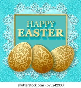 Golden Easter carved eggs. Vector illustration, can be used for creating holiday greeting card, banner or poster