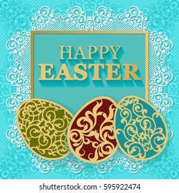 Golden Easter carved eggs. Vector illustration, can be used for creating holiday greeting card, banner or poster