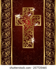 Golden Easter cross, invitation card, vector illustration 