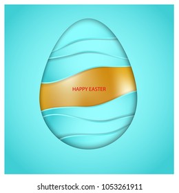 Golden Easter egg and aqua color waves on blue background. Red congratulatory text Happy Easter. 3d vector card. Minimalist design with simols of water, ocean, sea, purity, life and Christianity
