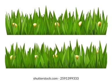 Golden Easter egg basket in green grass field podium. Ester vector background spring 3d render. Chocolate hunt happy meadow decoration banner. Weekend sky card design. Sunny day garden gift concept