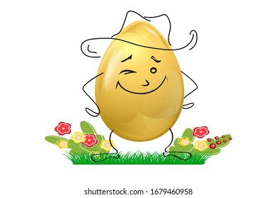 Golden Easter egg as the character cowboy in a hat winks, 3D egg with hand-drawn elements on a background of green spring grass and wild flowers.Vector stock.