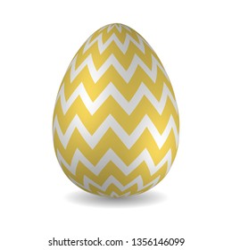 Golden Easter egg decorated with horizontal zigzag pattern isolated on white background. Beautiful design element for holiday greeting card, ad, promotion, poster, flyer, web banner, sale