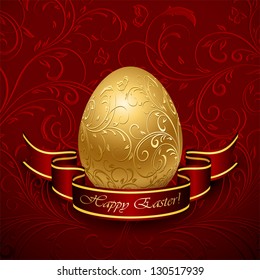 Golden Easter egg with decorative elements and ribbon, illustration.