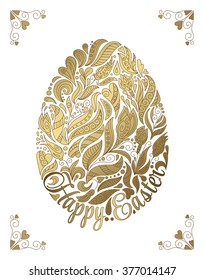 Golden easter egg with floral ornament on white background. Vector eps10 illustration. Template for greeting card.