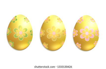 Golden Easter egg, flower green yellow, white background vector