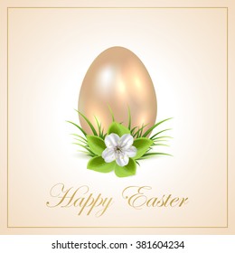 Golden Easter egg with flower on beige background, illustration.