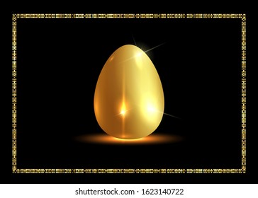 golden easter egg and gold frame for Easter holidays. Vector isolated on black background