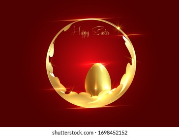golden Easter egg and gold luxury round frame for Happy Easter holidays. Vector basket with shiny eggs isolated on dark red background