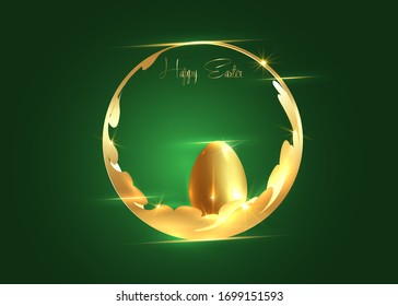 golden Easter egg and gold luxury round frame for Happy Easter holidays. Vector basket with shiny eggs isolated on dark green background