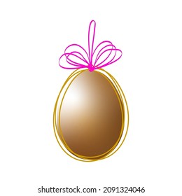 Golden Easter egg hanging on red ribbon with bow isolated on white background