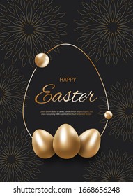 Golden easter egg with holiday greeting - Vector illustration. Happy easter greeting card. Gold cut flowers with golden glitter frames, holiday background. Vector easter illustration