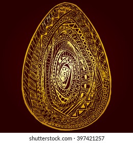 Golden easter egg isolated vector zentangl with lots of small swirling patterns in the center.