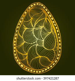 Golden easter egg isolated vector zentangl with sectors of the striped pattern.