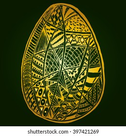 Golden easter egg isolated zentangl pattern with lots of fine patterns of different forms in different sectors.