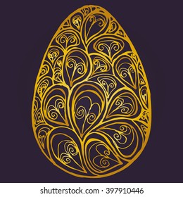 Golden easter egg isolated zentangl pattern with a pattern of a plurality of curls.