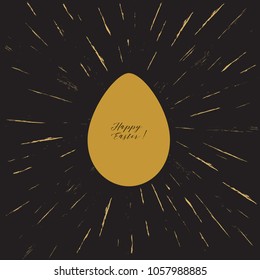 Golden Easter egg on black background, shining rays, vector