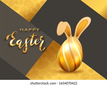 Golden Easter egg with rabbit ears and lettering Happy Easter on gold and black background. Illustration with egg and bunny can be used for holiday design, decorations and cards.