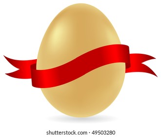 Golden easter egg with red banner ribbon. Vector illustration, isolated on a white.