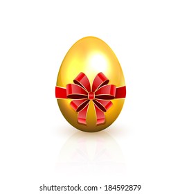 Golden Easter egg with red bow isolated on a white background, illustration.