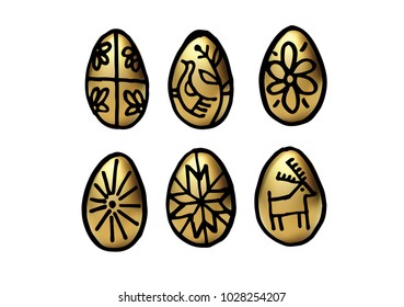 Golden Easter Egg set. Vector isolated handwritten illustration. Brush pen modern trendy style. Graphic black lines on white background. Hand drawn painting. Gold holiday postcards collection.