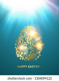 Golden easter egg with spot light on blue backdrop. Happy easter. Holiday card template for your design. Vector illustration.
