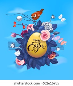 Golden Easter egg, text handwritten with calligraphic font, bunch of semi-colored flowers and little bird sitting on top of it against blue sky and white clouds on background. Vector illustration