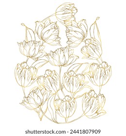 Fondo de la flor de los tulipanes de los huevos de Pascua dorados, elementos florales dibujados a mano para las vacaciones de primavera, composiciones de arte de línea ilustraciones vectoriales para tarjeta o invitaciones.