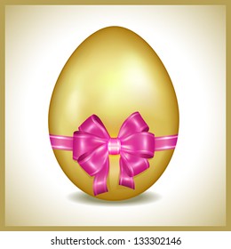 Golden Easter egg vector with pink ribbon isolated. Element of invitation or greeting card.