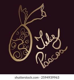 Golden easter egg wrapping a bunny with felices pascuas hand lettering celebrating a joyful easter festivity