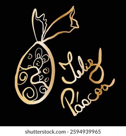 Golden easter egg wrapping a bunny with felices pascuas hand lettering celebrating a joyful easter festivity