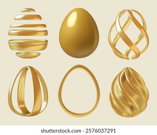 Golden Easter eggs 3d realistic vector illustrations collection. Modern metallic striped and spiral eggs design elements.