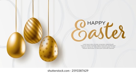 Golden Easter eggs in 3d realistic style with striped, dotted, and smooth designs hanging on ribbons. Elegant typography for greeting cards, web banners, or festive decorations flyer. Vector object