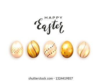 Golden Easter eggs and black lettering Happy Easter isolated on white background, illustration.