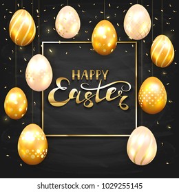 Golden Easter eggs with decorative patterns on black chalkboard background. Lettering Happy Easter, illustration.