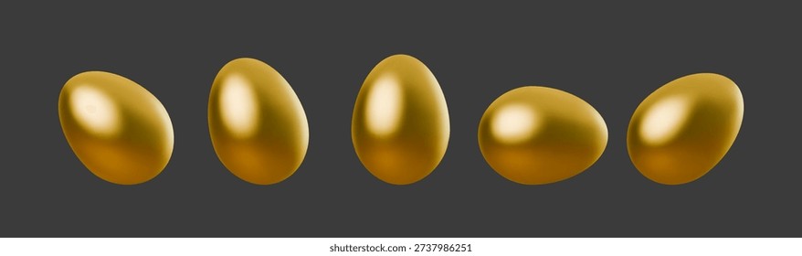 Golden Easter eggs displayed in rows, realistic 3D illustration with shiny metallic shells. Perfect for holiday designs, religious celebrations, and festive breakfast concepts.