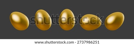Golden Easter eggs displayed in rows, realistic 3D illustration with shiny metallic shells. Perfect for holiday designs, religious celebrations, and festive breakfast concepts.