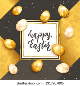 Golden Easter eggs with flowers and holiday confetti. Card with lettering Happy Easter on gold and black luxury background with geometric elements, illustration.
