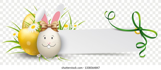 Golden easter eggs with grass, flowers and paper banner with green ribbon.  Eps 10 vector file.