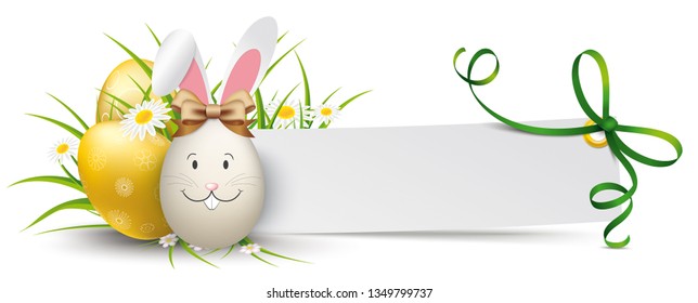 Golden easter eggs with grass, flowers and paper banner with green ribbon.  Eps 10 vector file.