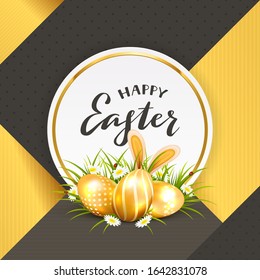 Golden Easter eggs in grass with flowers and rabbit ears. Round card and lettering Happy Easter on gold and black background. Illustration can be used for holiday design, cards, backgrounds, banners.