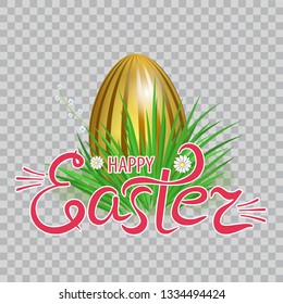 Golden Easter eggs in green grass with flowers and lettering happy Easter on transparent background. Element for celebratory design. Vector illustration.