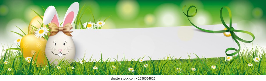 Golden easter eggs with hare ears and paper banner in the green nature. Eps 10 vector file.
