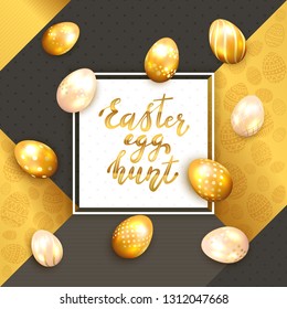 Golden Easter eggs and holiday card with lettering Easter Egg Hunt on gold and black background, illustration.
