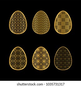 Golden Easter Eggs on a black background. Openwork elements for festive decor.