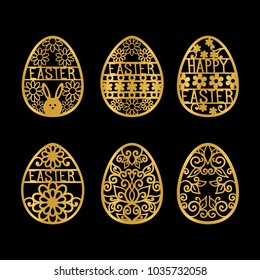 Golden Easter Eggs on a black background. Openwork elements for festive decor.